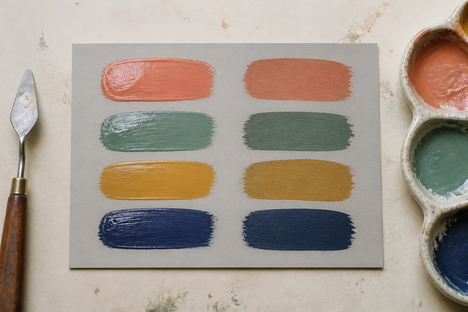 Editorial illustration of four paired acrylic swatches, glossy when wet and darker when dry