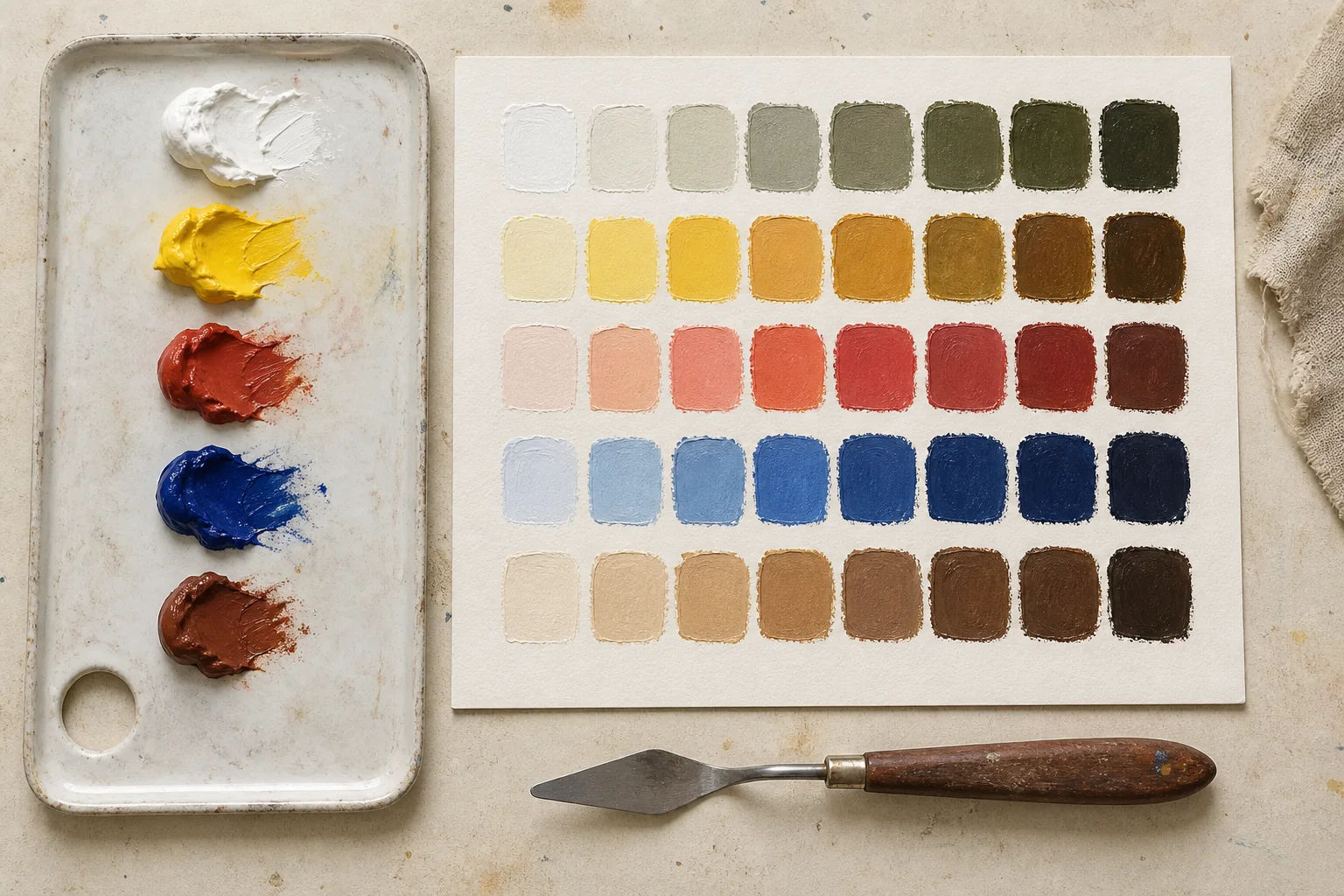 Editorial illustration of five acrylic source colors beside an organized grid of mixed swatches
