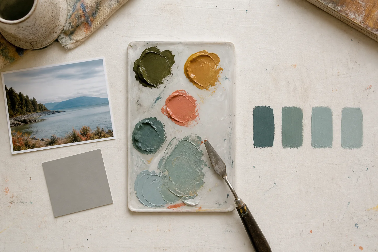 Editorial illustration of a reference photo, acrylic palette and four blue-green matching swatches
